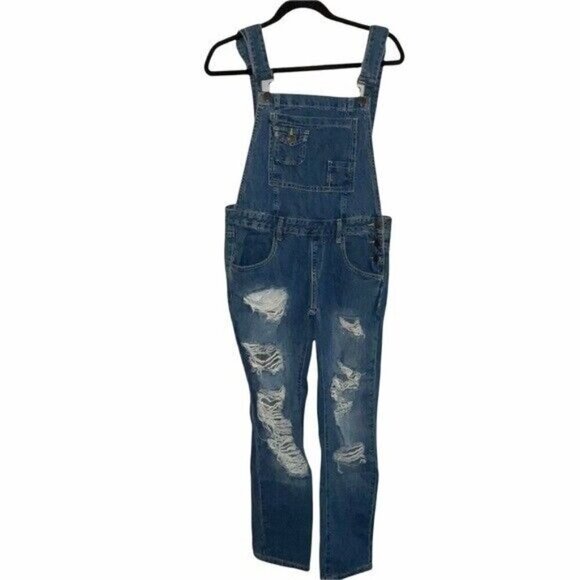 Machine Pour Neuf Mode Super Bibs Overalls Jeans Distressed Women's Size 26 - Picture 1 of 8